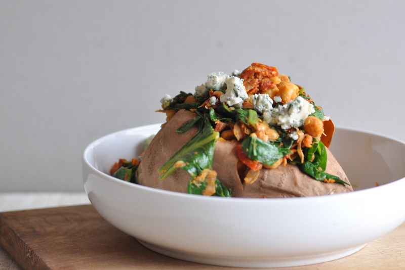 Baked Sweet Potato with Warm Chickpeas, Sundried Tomatoes & Spinach